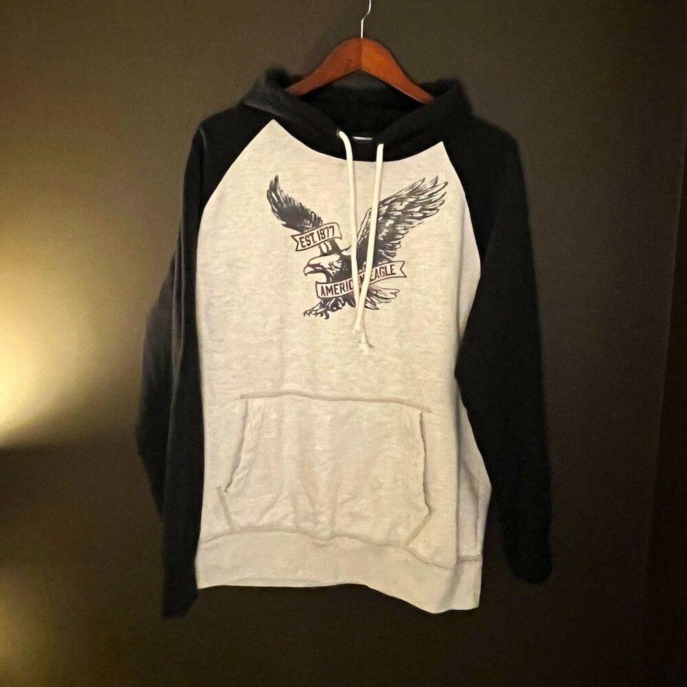 American Eagle Outfitters 2014 Eagle Graphic Hoodie XL Gray Black 1977 Pullover